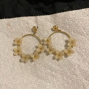 Elegant Gold and Cream Floral Hoop Earrings
